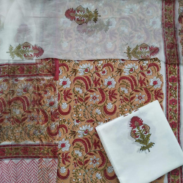 Shop Unstitched Hand Block Print Pure Cotton Suits with Chiffon Dupatta (PCHF138)
