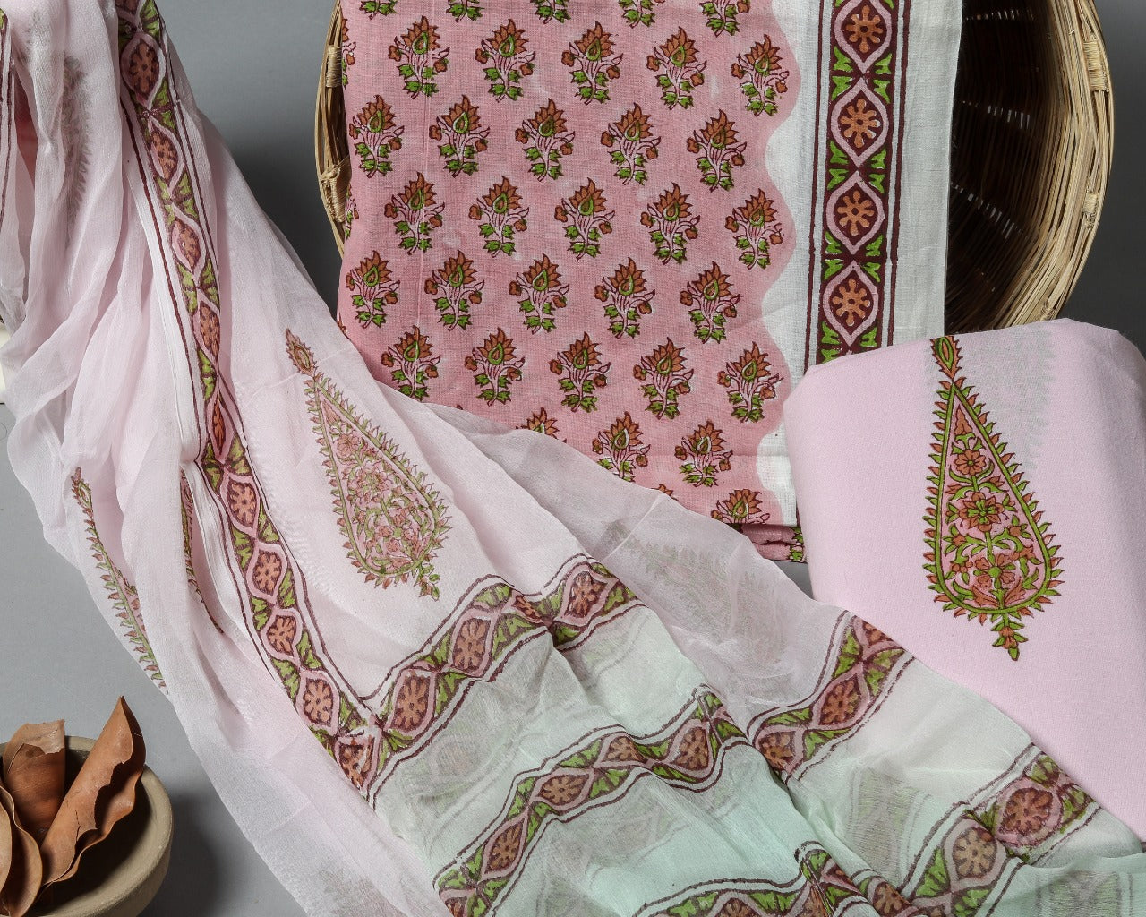 Shop Unstitched Hand Block Print Pure Cotton Suits with Chiffon Dupatta (PCHF141)