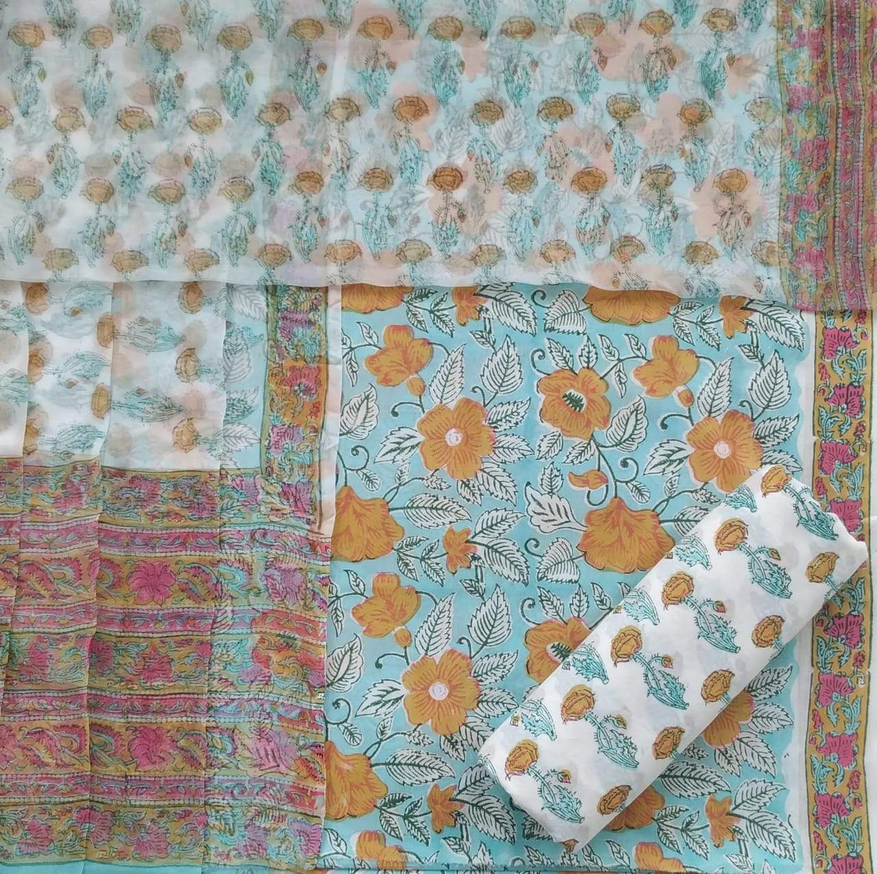 Shop Unstitched Block Print Pure Cotton Suits with Chiffon Dupatta (PCHF142)