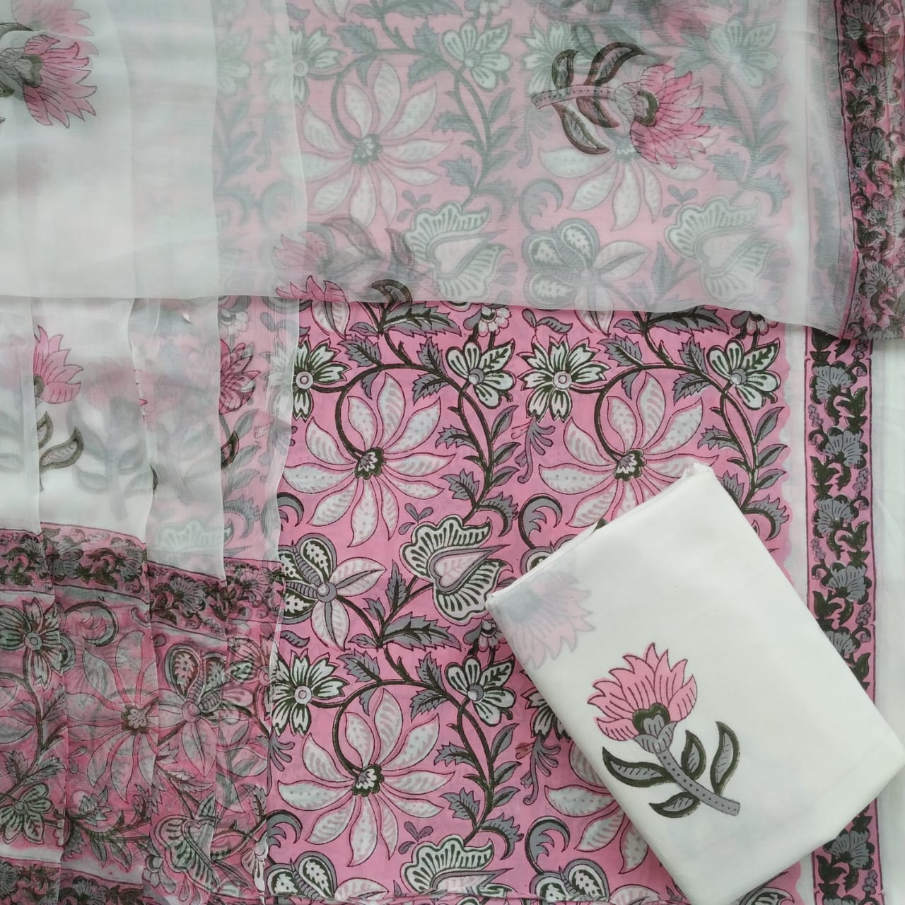 Shop Unstitched Hand Block Print Pure Cotton Suits with Chiffon Dupatta (PCHF166)