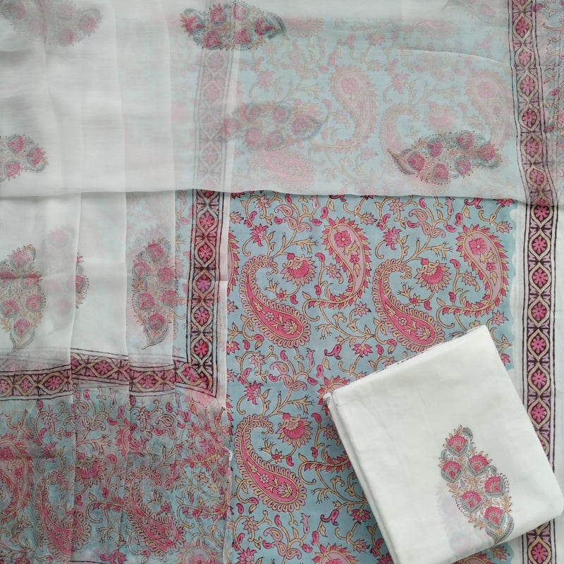Shop Unstitched Hand Block Print Pure Cotton Suits with Chiffon Dupatta (PCHF168)