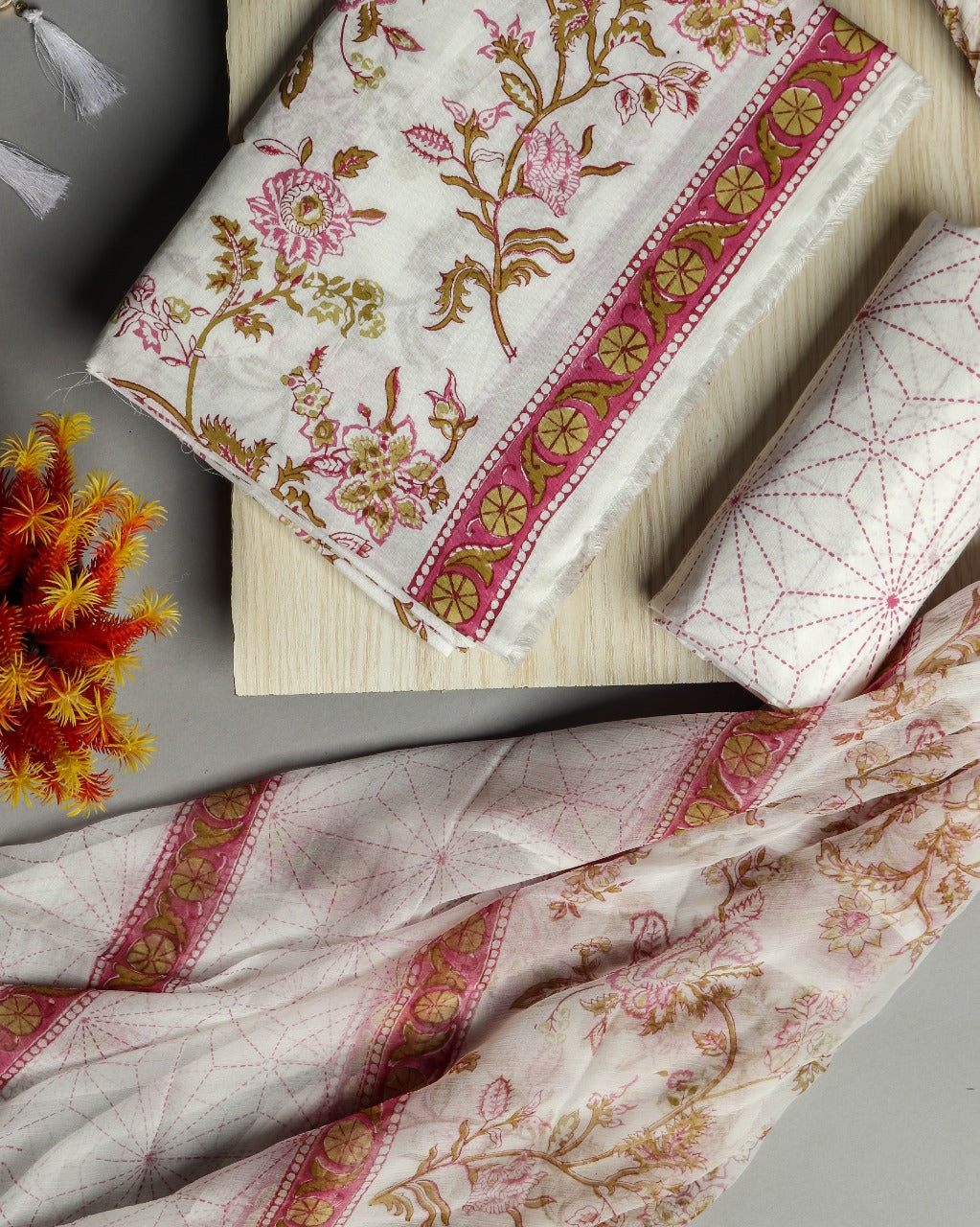 Shop Unstitched Hand Block Print Pure Cotton Suits with Chiffon Dupatta (PCHF175)