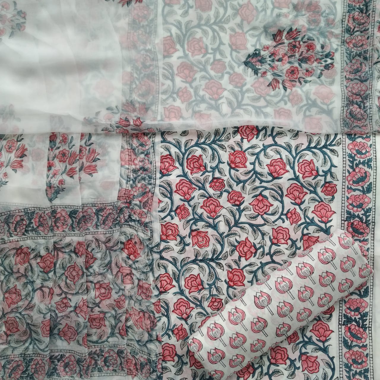 Shop Unstitched Hand Block Print Pure Cotton Suits with Chiffon Dupatta (PCHF180)