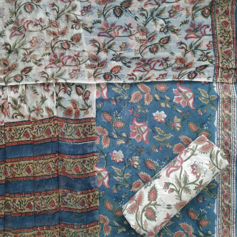 Shop Unstitched Hand Block Print Pure Cotton Suits with Chiffon Dupatta (PCHF187)