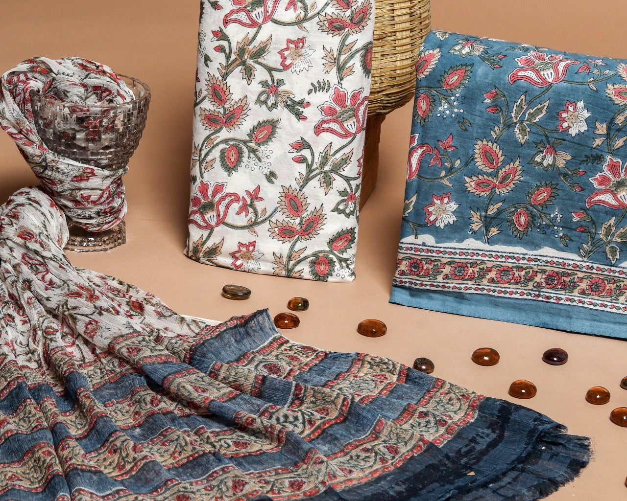 Shop Unstitched Hand Block Print Pure Cotton Suits with Chiffon Dupatta (PCHF187)