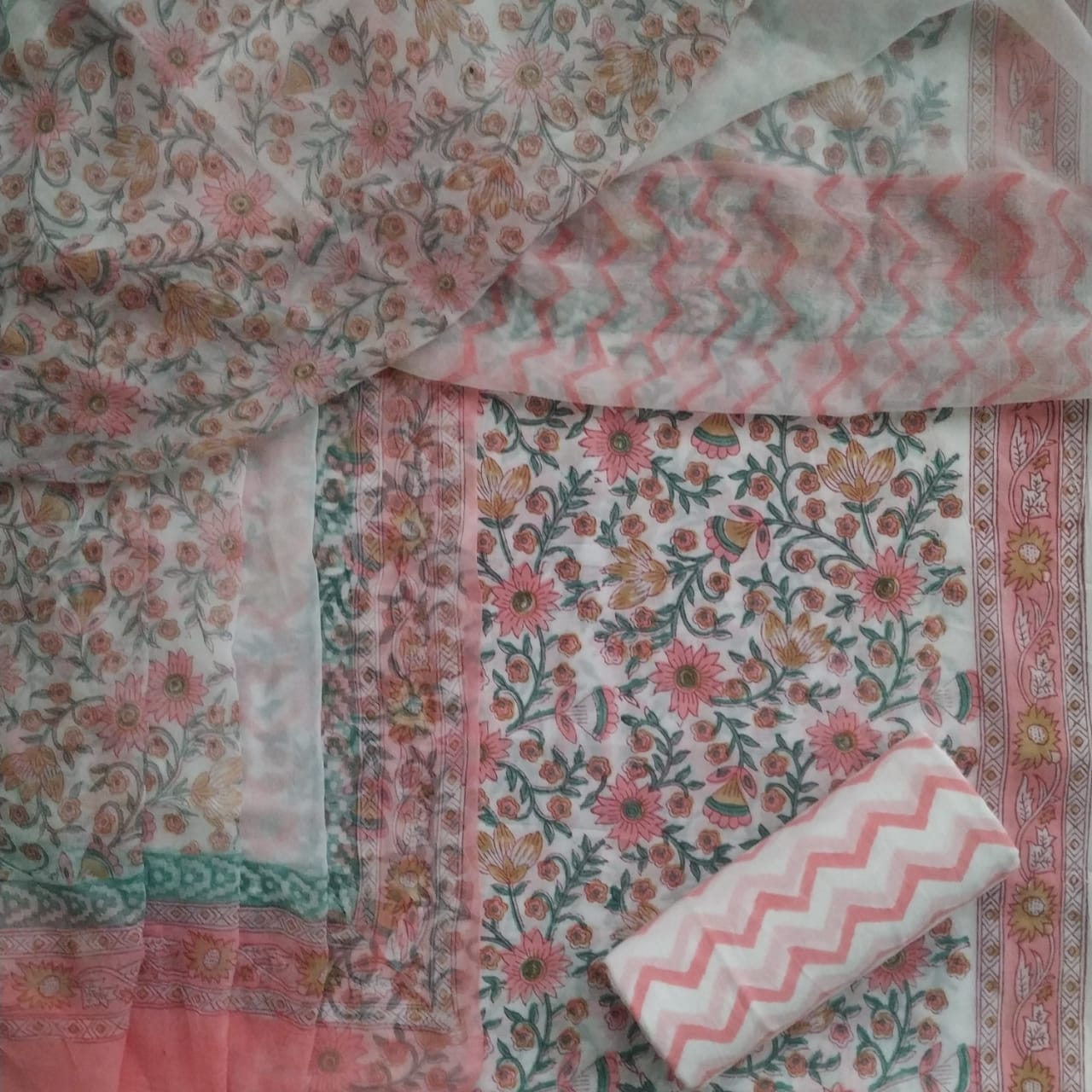Shop Unstitched Hand Block Print Pure Cotton Suits with Chiffon Dupatta (PCHF209)
