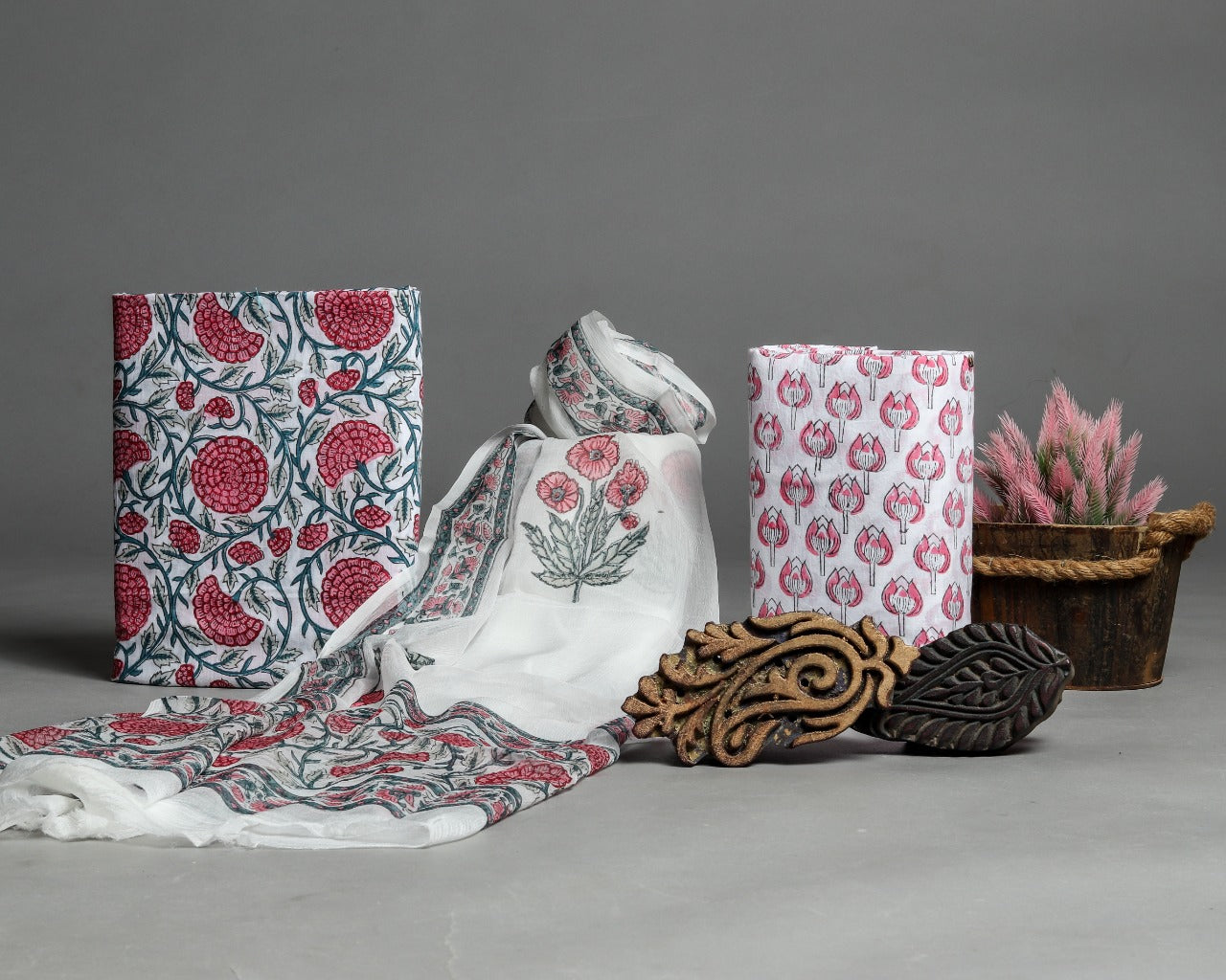 Shop Unstitched Hand Block Print Pure Cotton Suits with Chiffon Dupatta (PCHF214)