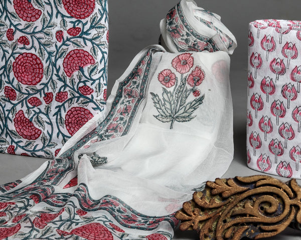 Shop Unstitched Hand Block Print Pure Cotton Suits with Chiffon Dupatta (PCHF214)