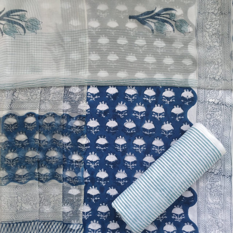 Shop Unstitched Hand Block Print Pure Cotton Suits with Chiffon Dupatta (PCHF223)