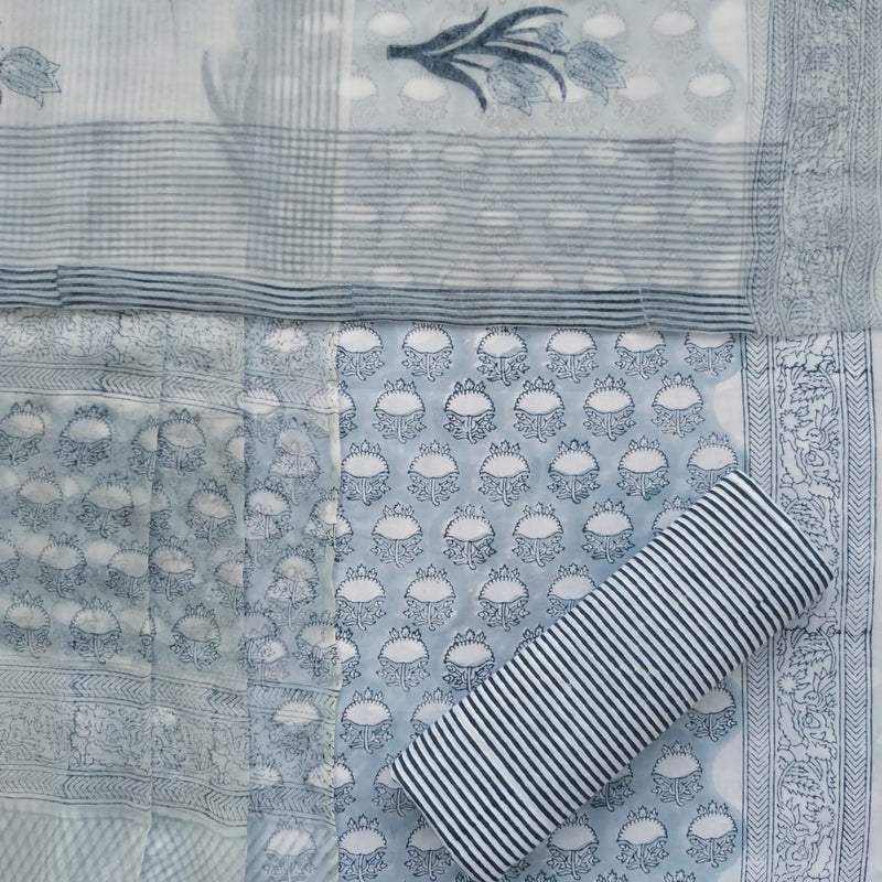 Shop Unstitched Hand Block Print Pure Cotton Suits with Chiffon Dupatta (PCHF224)