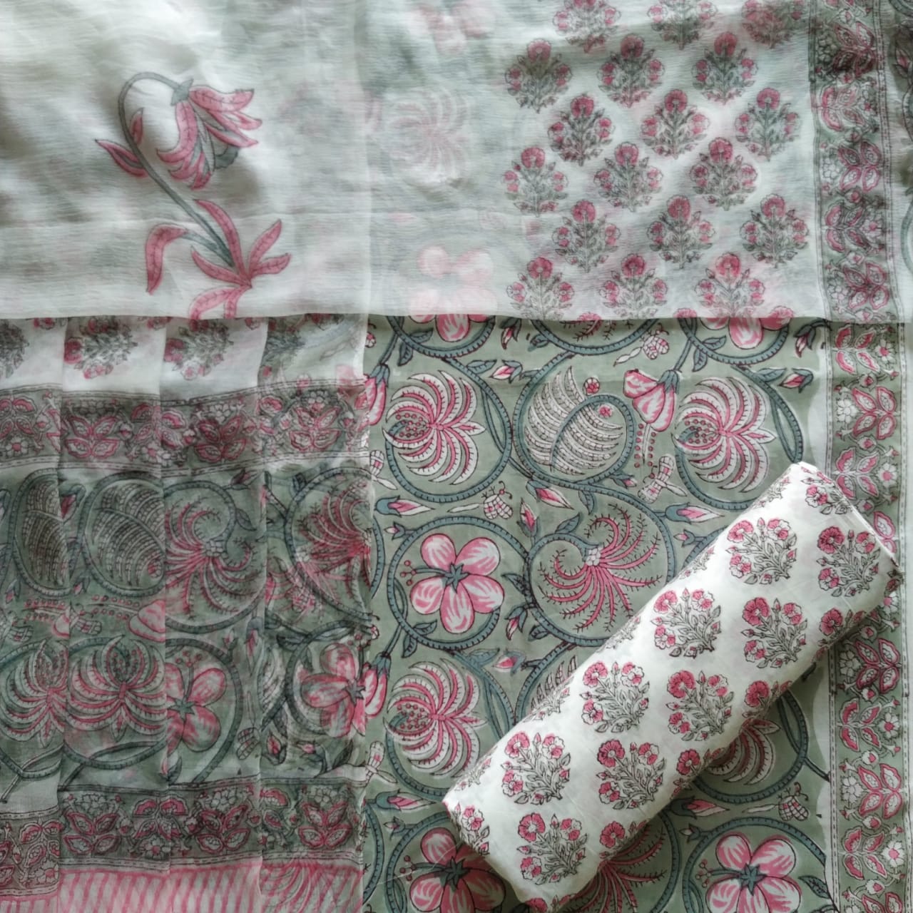 Shop Unstitched Hand Block Print Pure Cotton Suits with Chiffon Dupatta (PCHF227)