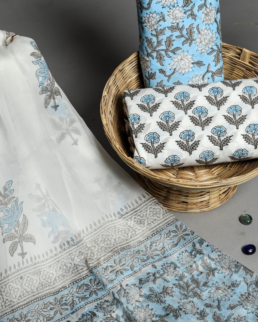 Shop Unstitched Hand Block Print Pure Cotton Suits with Chiffon Dupatta (PCHF231