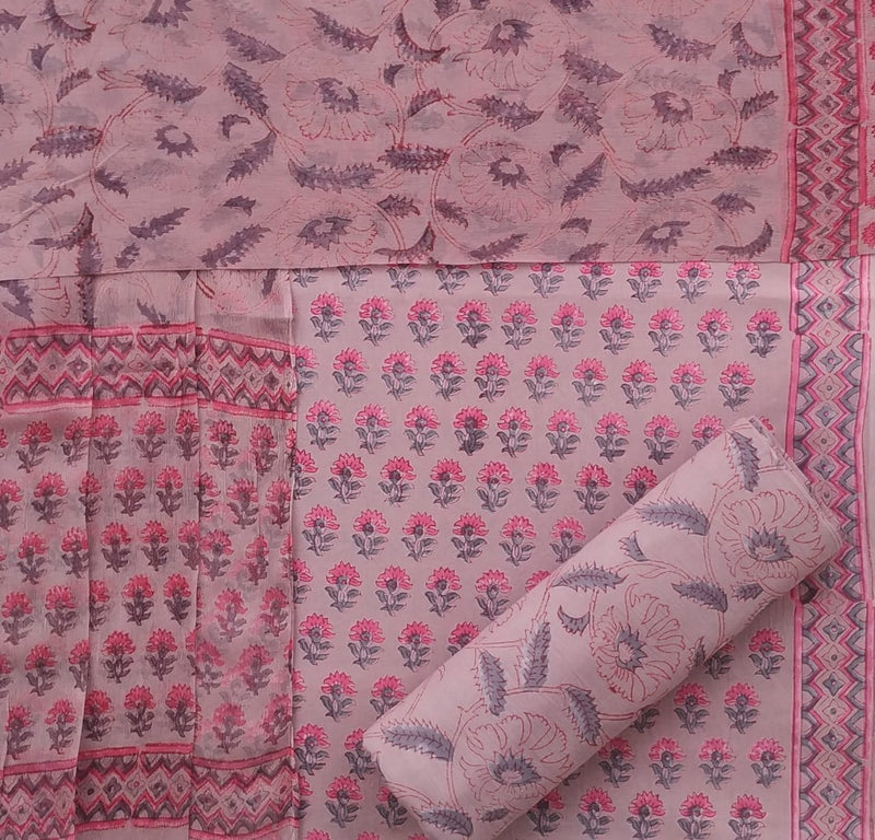 Shop Hand Block Print Pure Cotton Suits with Chiffon Dupatta (PCHF241)