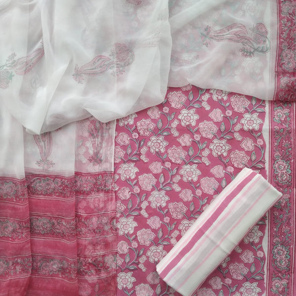Shop Hand Block Print Pure Cotton Suits with Chiffon Dupatta (PCHF242)