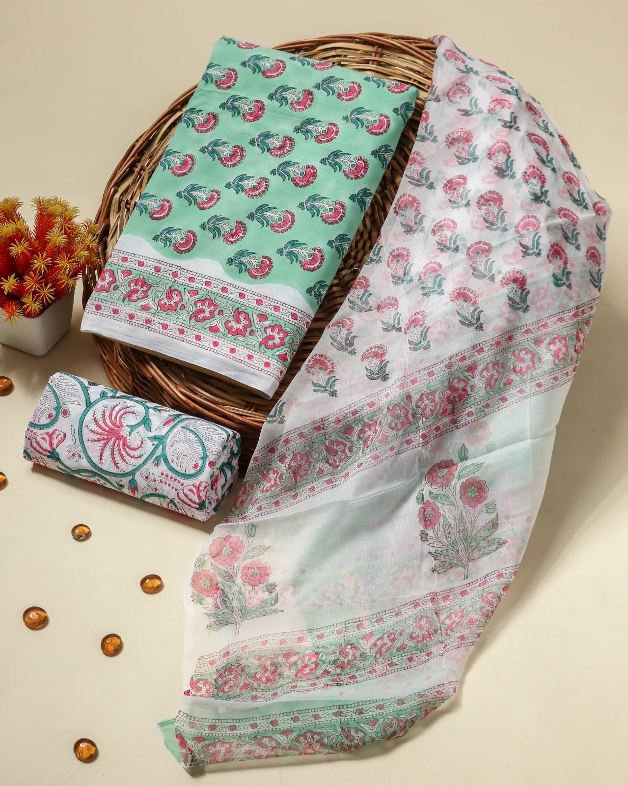 Shop block print cotton suit set with chiffon dupatta (PCHF312)