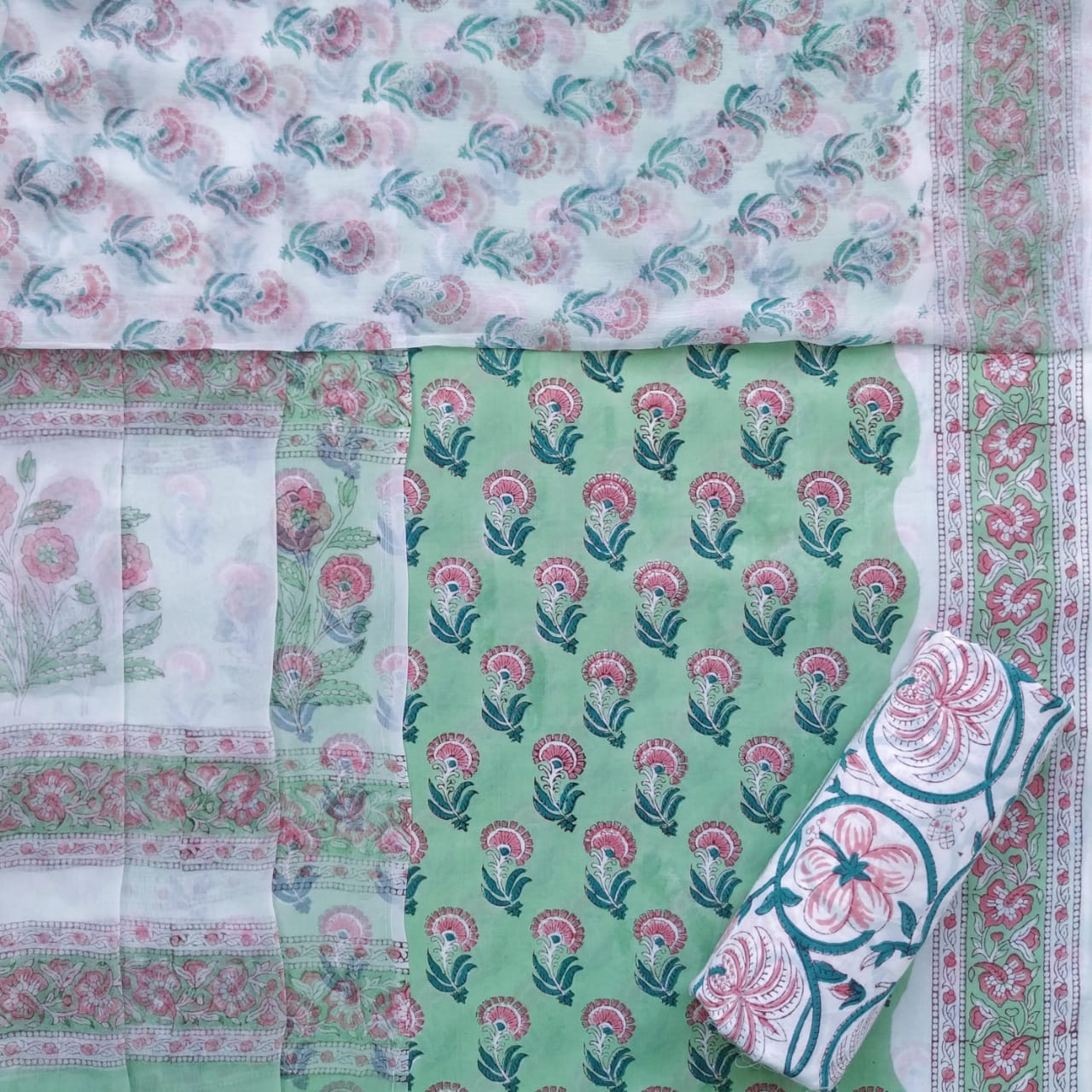 Shop block print cotton suit set with chiffon dupatta (PCHF312)