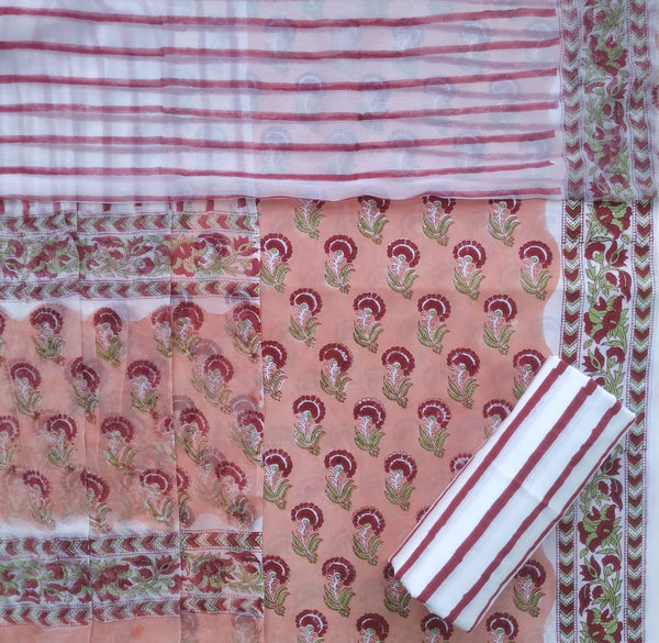 Shop block print cotton suit set with chiffon dupatta (PCHF317)