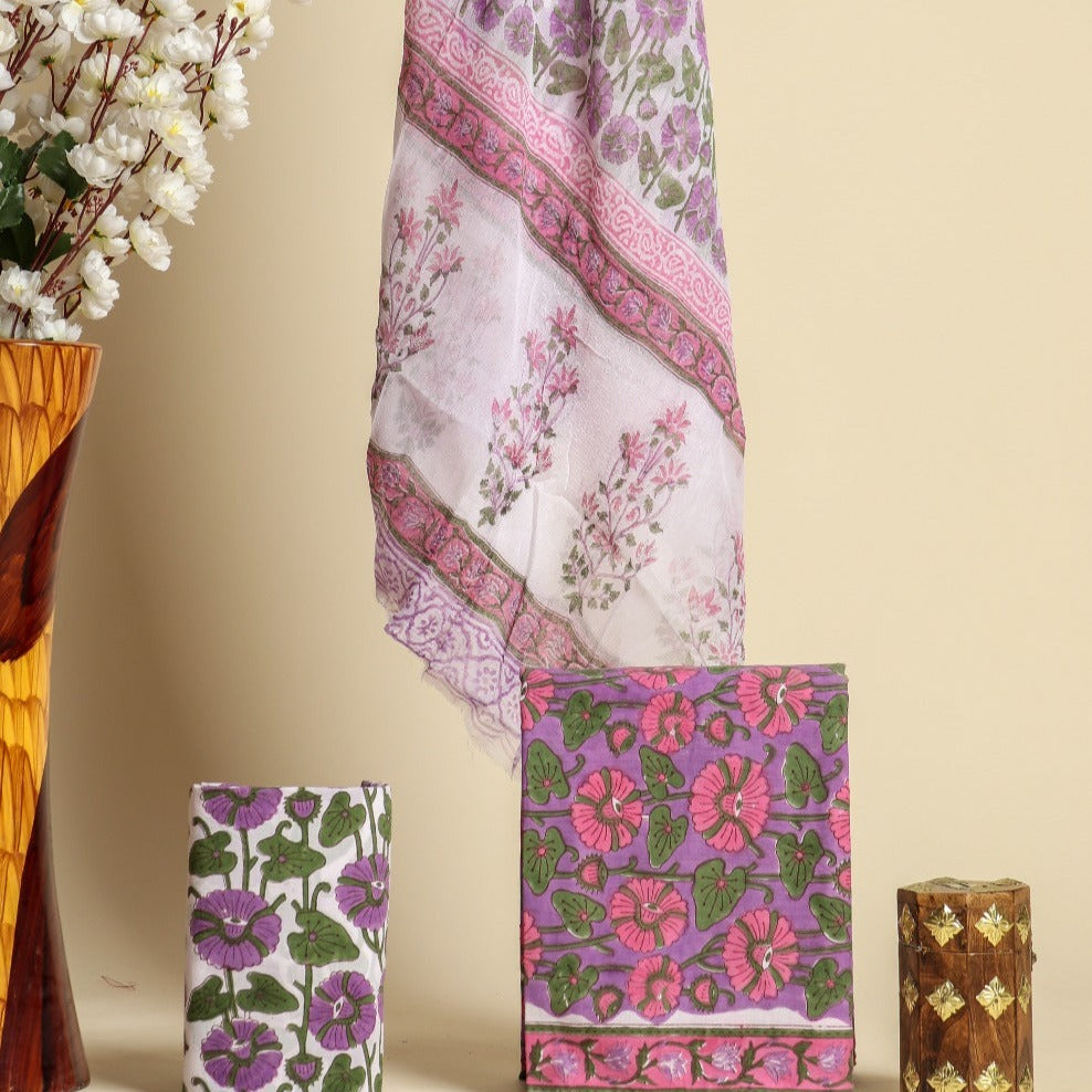 Shop unstitched cotton suit sets with chiffon dupatta (PCHF328)