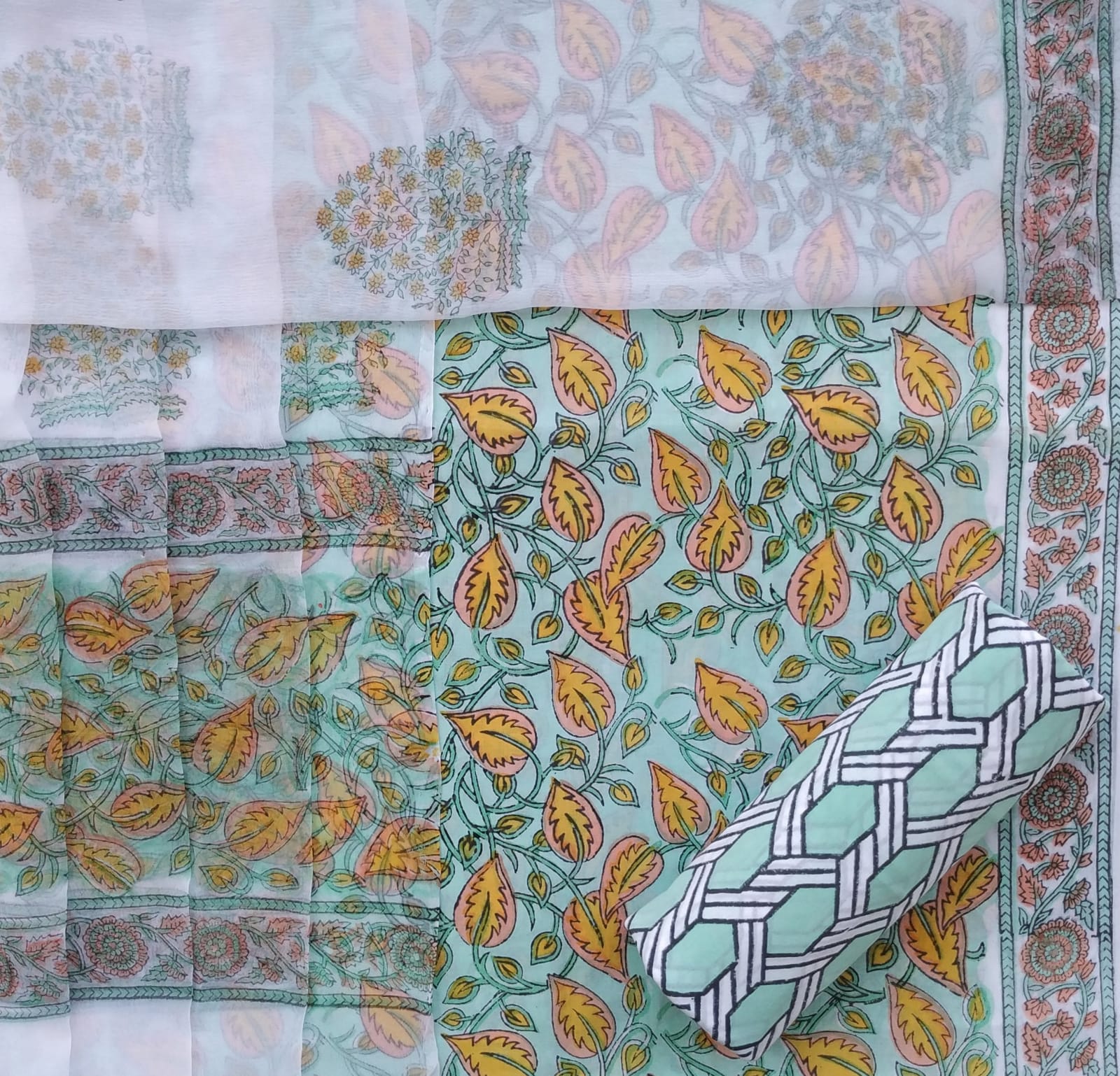 Shop block print cotton suit set with chiffon dupatta (PCHF333)