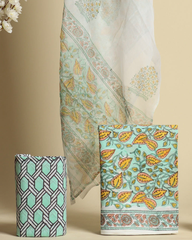 Shop block print cotton suit set with chiffon dupatta (PCHF333)