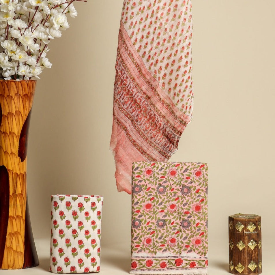 Shop unstitched cotton suit set with chiffon dupatta (PCHF340)