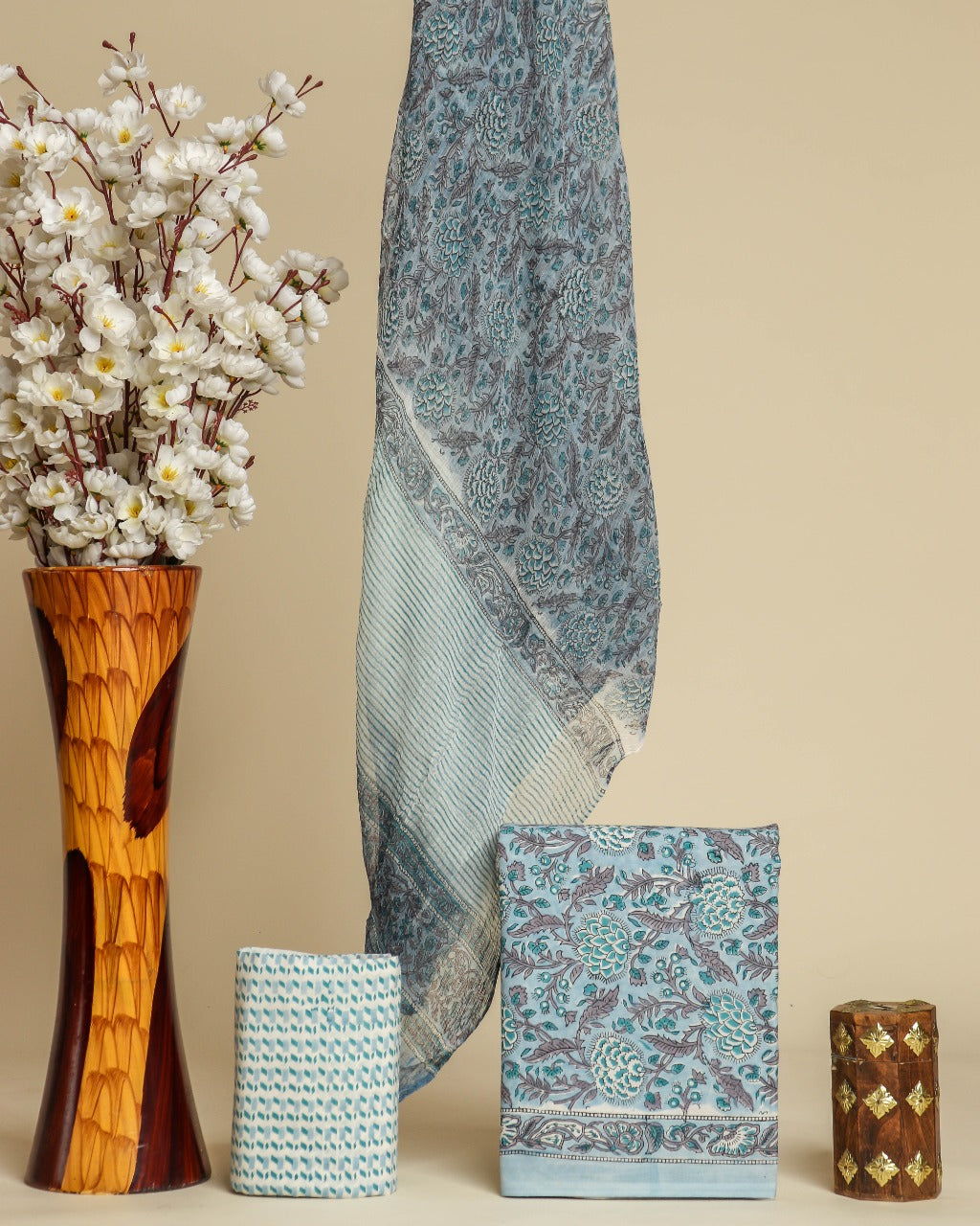 Shop hand block print cotton suit material with chiffon dupatta (PCHF369)