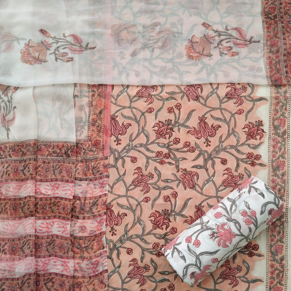 Shop hand block print cotton suit sets with chiffon dupatta online shopping (PCHF381)