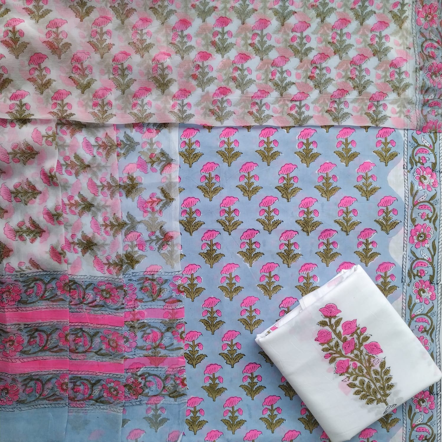 Shop hand block print cotton suit sets with chiffon dupatta (PCHF409)