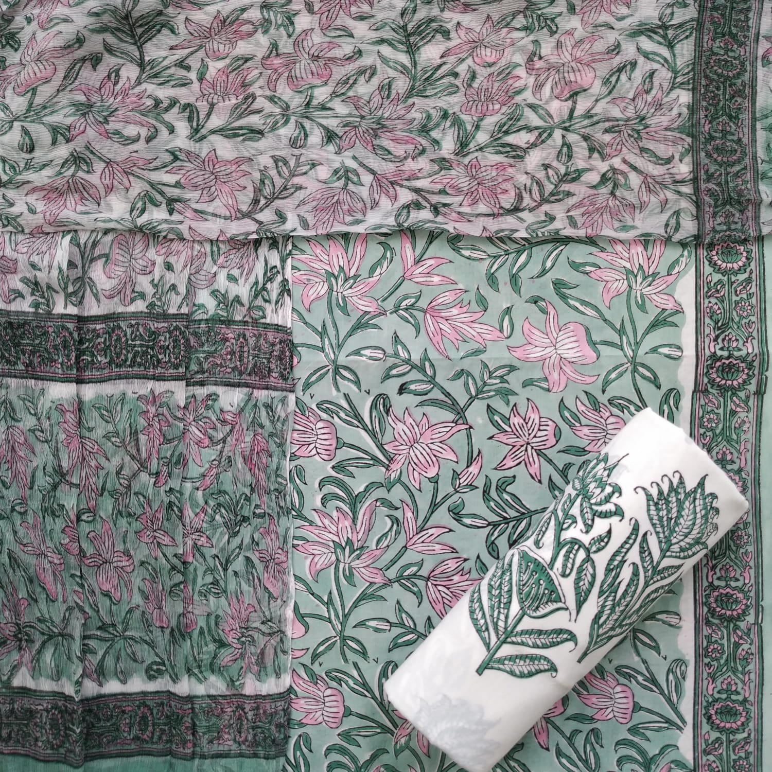 Shop block print cotton suit sets with chiffon dupatta (PCHF414)
