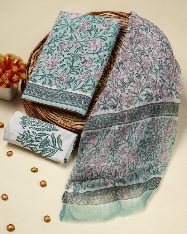 Shop block print cotton suit sets with chiffon dupatta (PCHF414)