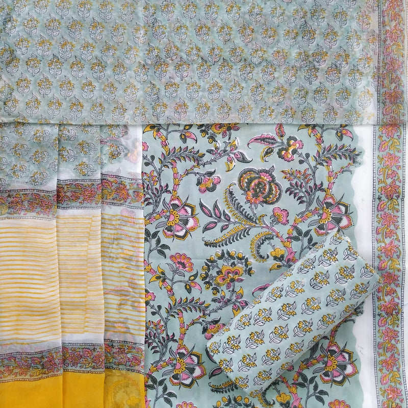 Shop unstitched hand block print cotton suit sets with chiffon dupatta (PCHF429)