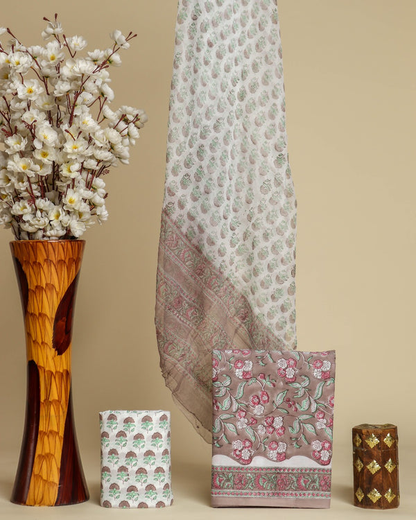 Shop hand block print cotton suit sets with chiffon dupatta online (PCHF451)