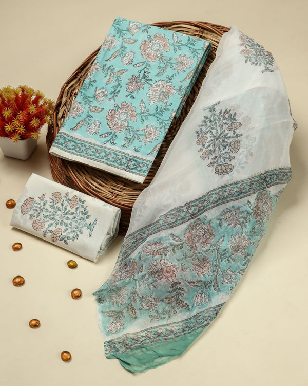 Shop chiffon dupatta block print cotton suit sets online (PCHF482)
