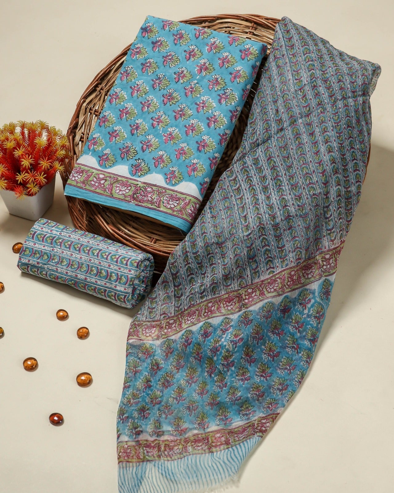 Shop hand block print cotton suits with chiffon dupatta (PCHF492)