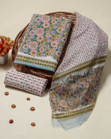 Shop block print cotton suits with chiffon dupatta (PCHF498)