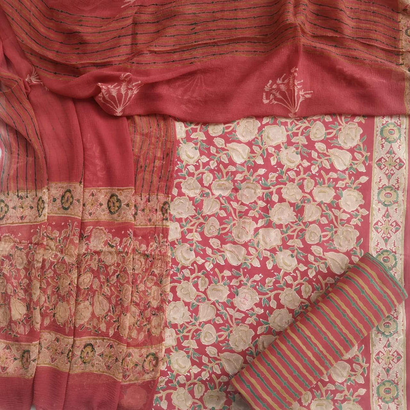 Traditional Hand Block Print Pure Cotton Suit with Chiffon Dupatta (PCHF91) - ShalviFashion