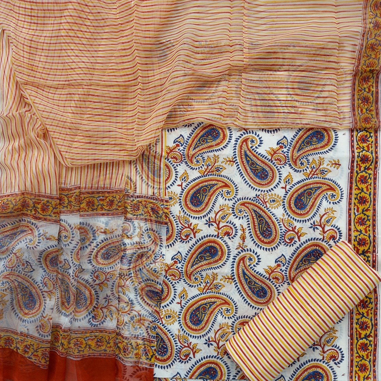 Shop Unstitched Hand Block Print Pure Cotton Suitd with Chiffon Dupatta (PCHF94)