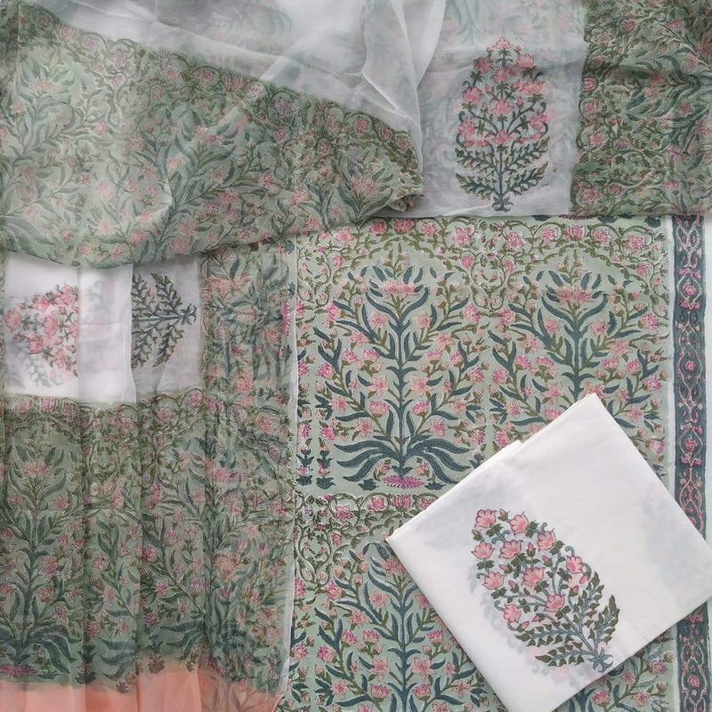 Shop Unstitched Hand Block Print Pure Cotton Suits with Chiffon Dupatta (PCHF96)