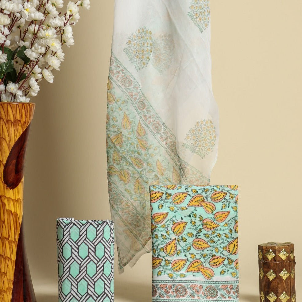 Shop block print cotton suit set with chiffon dupatta (PCHF333)