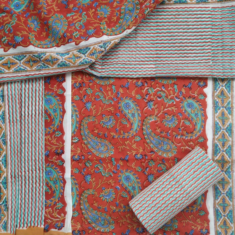 Designer Hand Block Print Pure Cotton Suits with Mulmul Dupatta (PRMUL101) - ShalviFashion