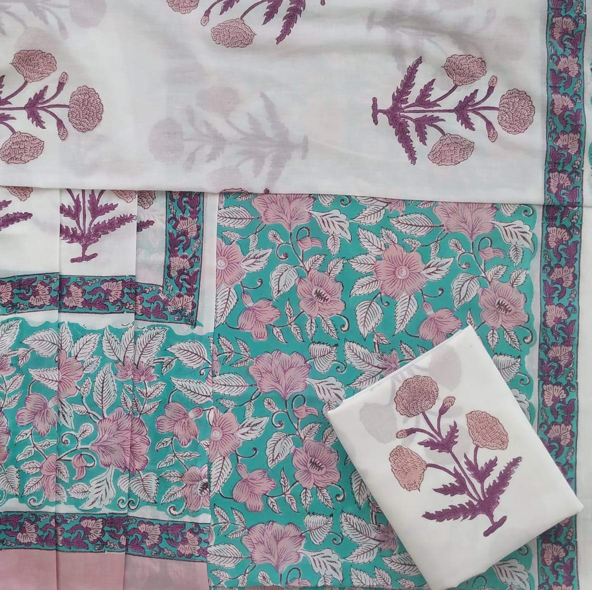 Shalvi's Hand Block Floral Print Pure Cotton Suit material with Mulmul Dupatta (PRMUL107)