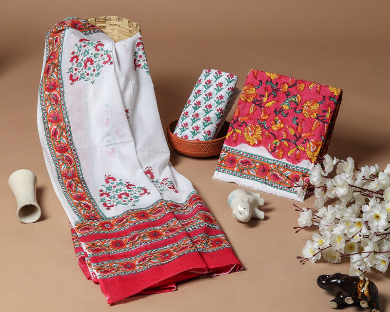 Exclusive Hand Block Floral Jaal Print Pure Cotton Suits with Mulmul Dupatta (PRMUL117)