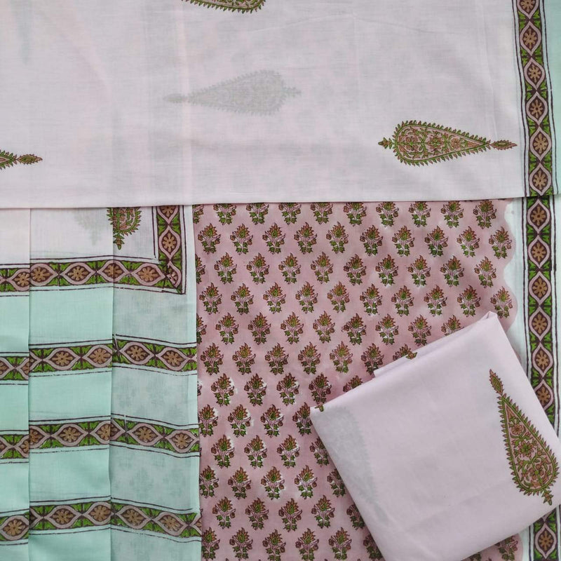 Shop Unstitched Hand Block Print Pure Cotton Suits with Mulmul Dupatta (PRMUL130)