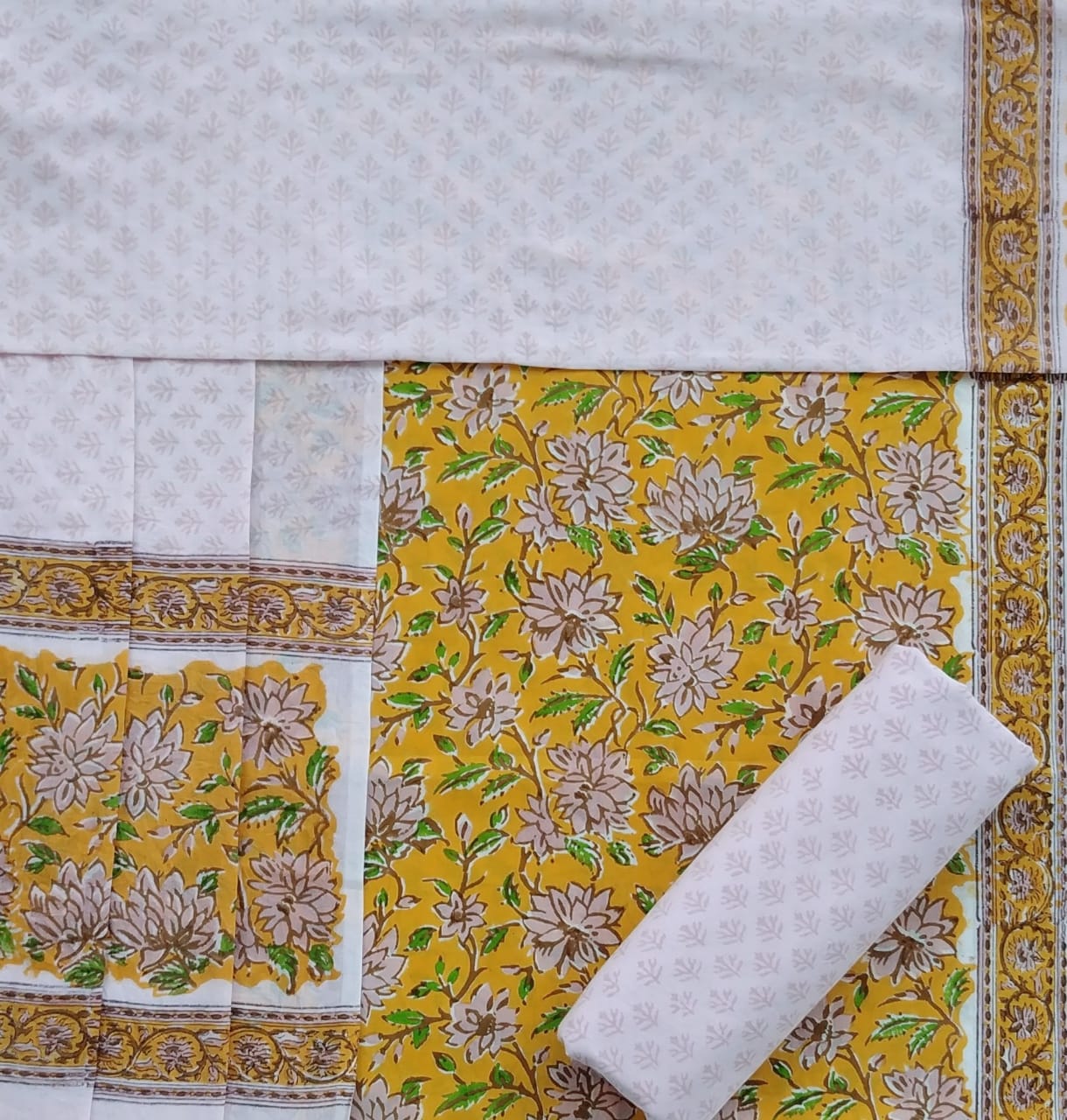 Shop Unstitched Hand Block Print Pure Cotton Suits with Mulmul Dupatta (PRMUL133)