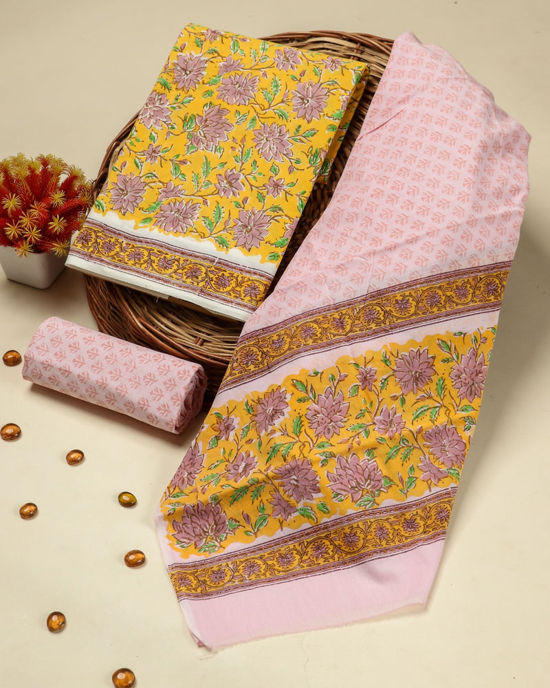 Shop Unstitched Hand Block Print Pure Cotton Suits with Mulmul Dupatta (PRMUL133)