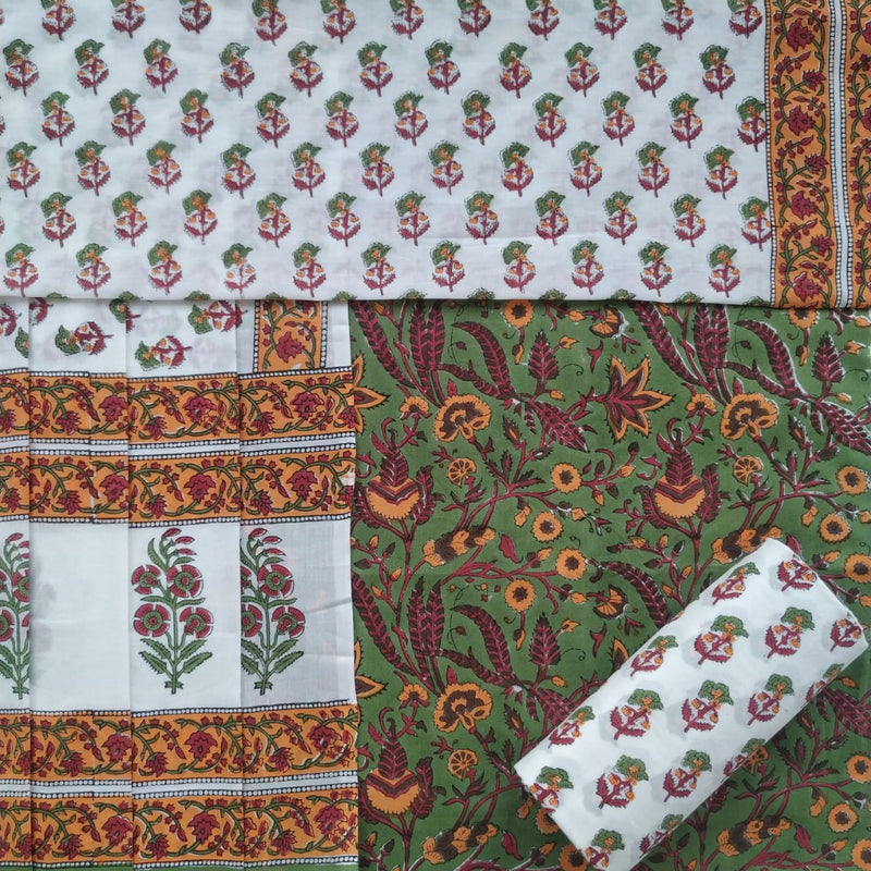 Shop Unstitched Hand Block Print Pure Cotton Suit with Mulmul Dupatta (PRMUL135)