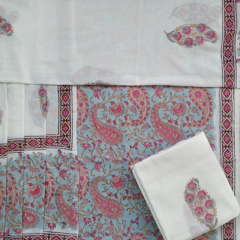Shop Unstitched Hand Block Print Pure Cotton Suits with Mulmul Dupatta (PRMUL143)