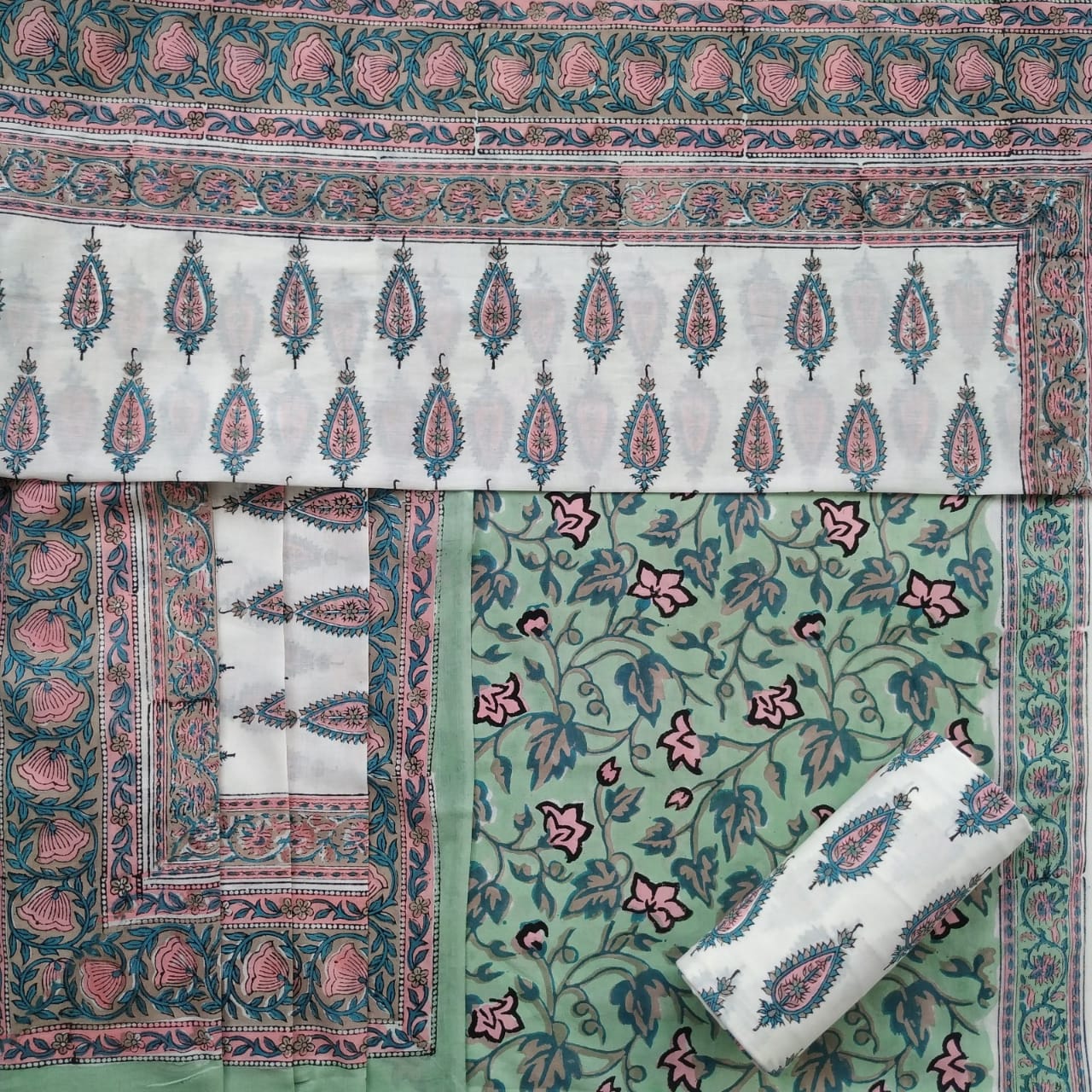 Shop Unstitched Block Print Pure Cotton Suits with Mulmul Dupatta (PRMUL145)