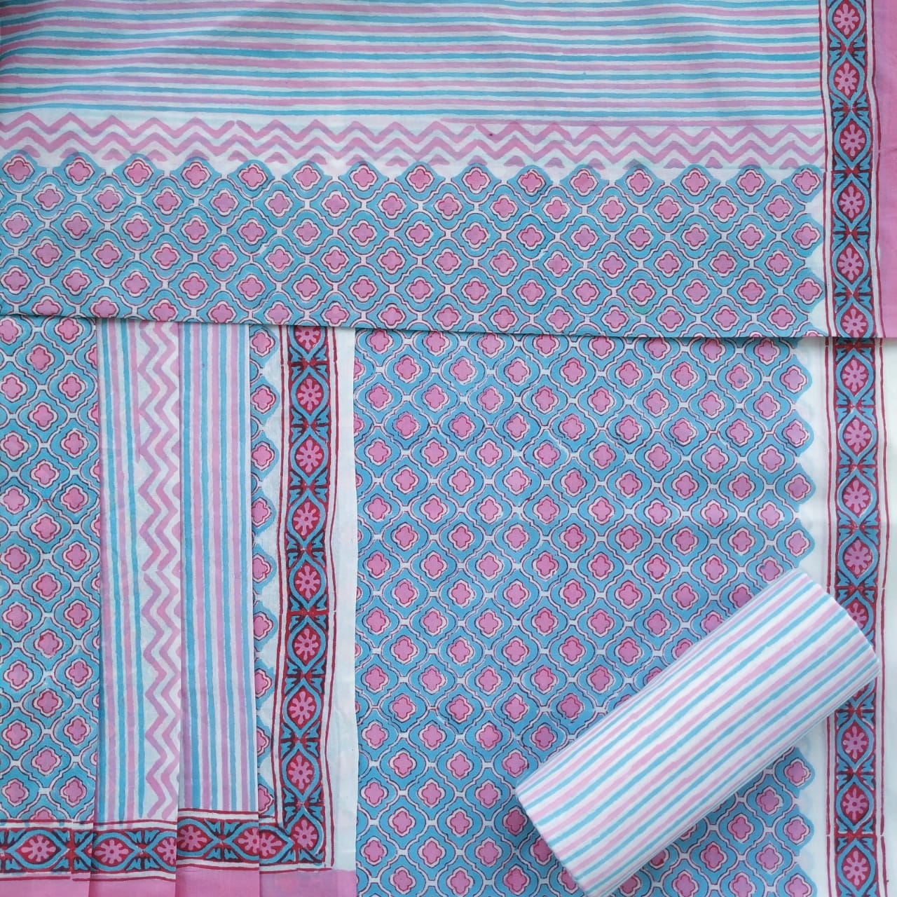 Shop Unstitched Hand Block Print Pure Cotton Suits with Mulmul Dupatta (PRMUL157)