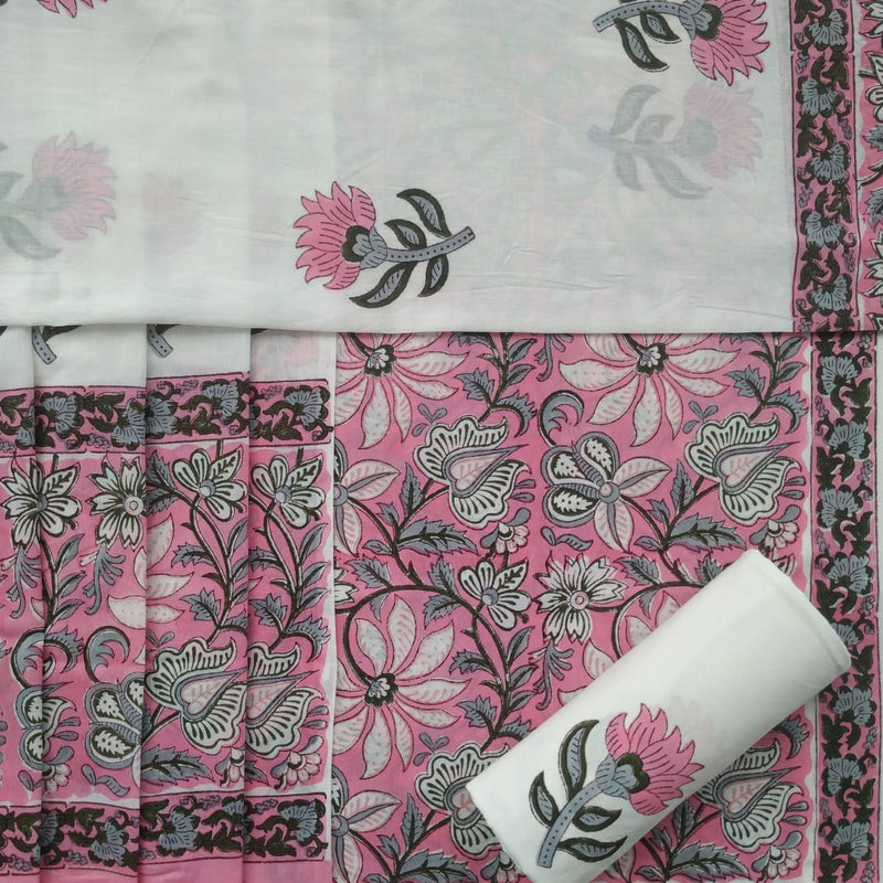 Shop Unstitched Hand Block Print Pure Cotton Suits with Mulmul Dupatta (PRMUL169)